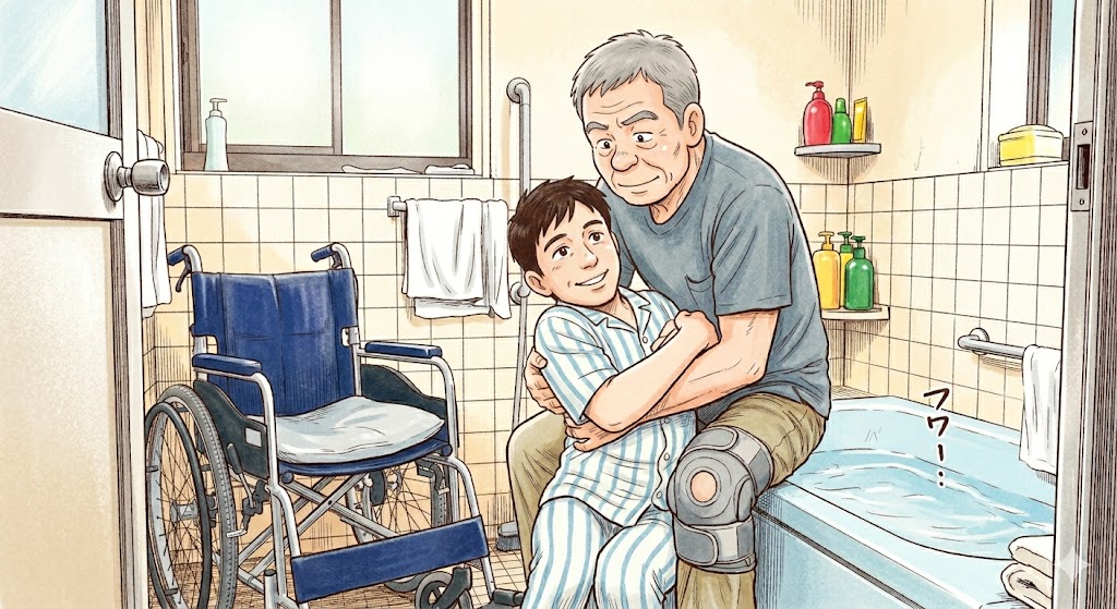 お子様を抱きかかえている介助の場面